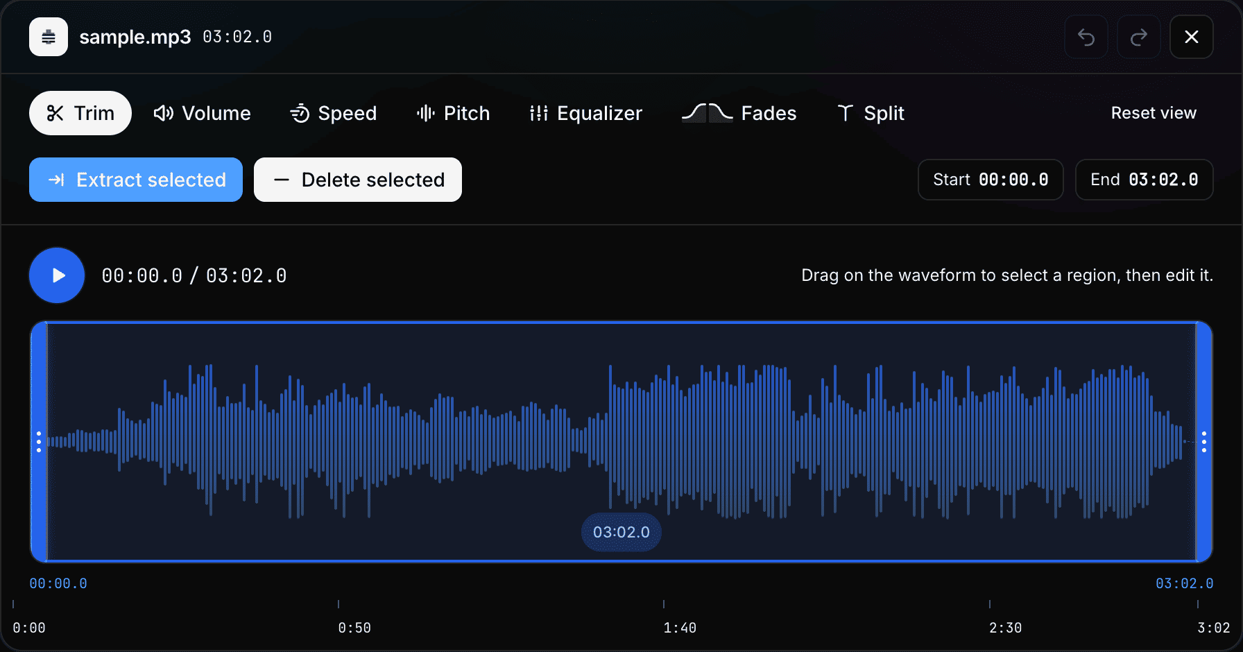 MP3 Editor Online interface featuring waveform visualization, trimming tools, audio effects, and playback controls
